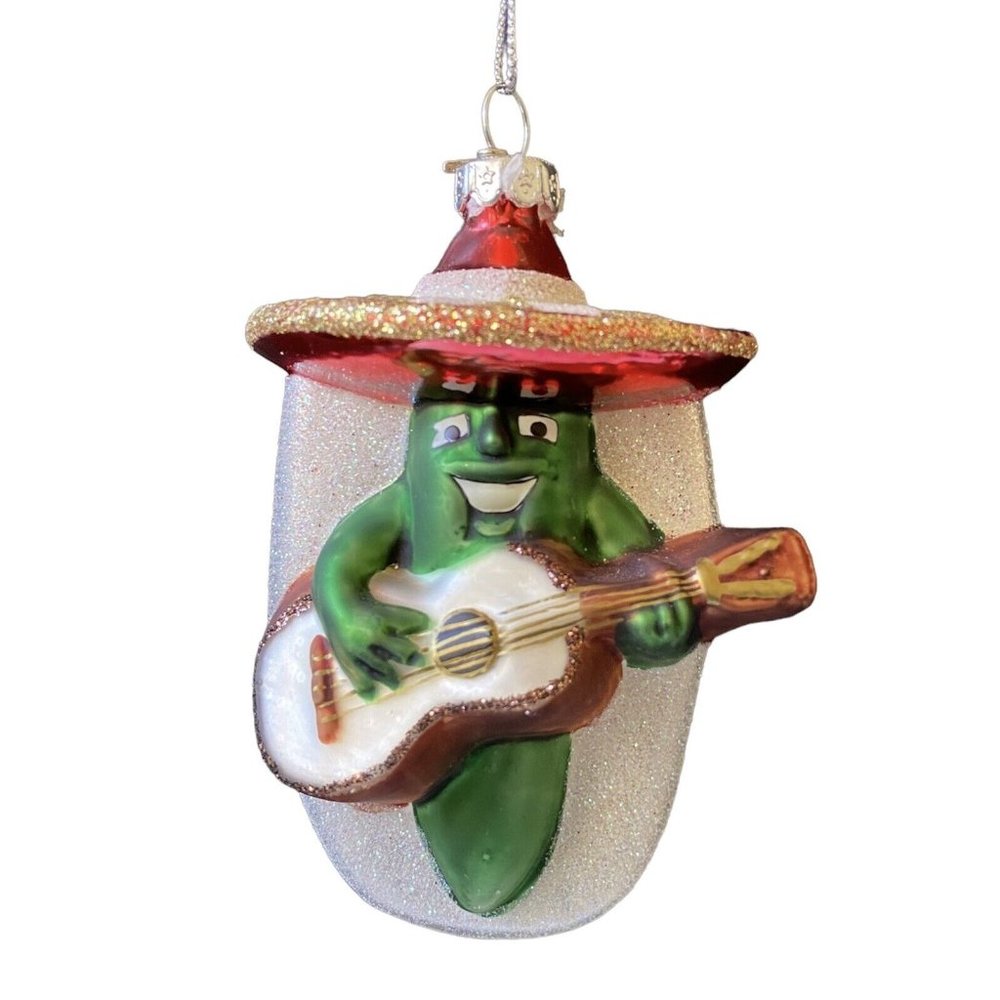 Green Jalapeno Pepper with Sombrero and Guitar Glass Ornament Anthropomorphic